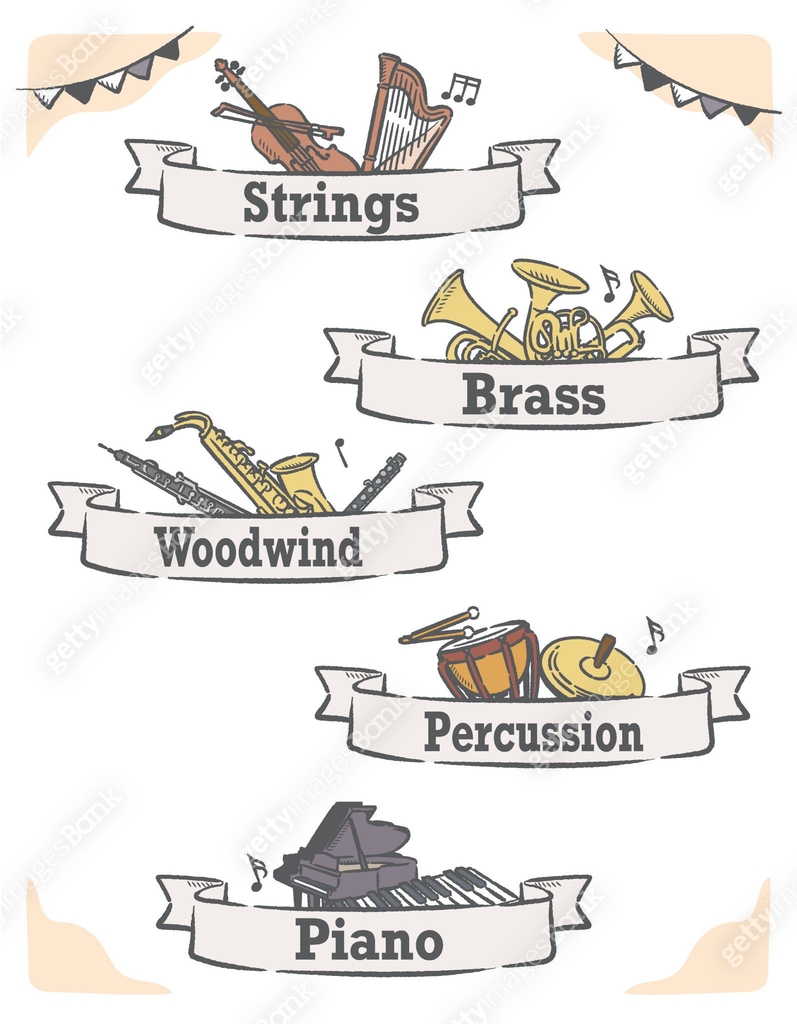 Music themed vector labels with orchestra instruments, including ...