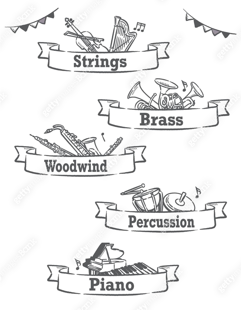 Music themed vector labels with orchestra instruments, including ...