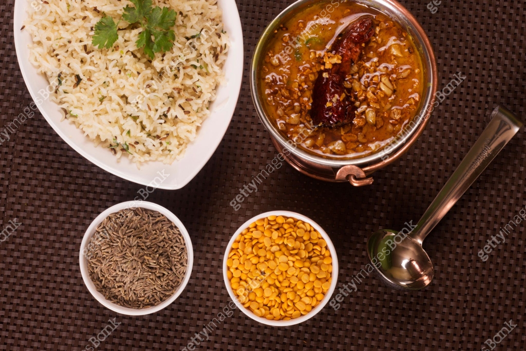 Indian Traditional dal fry and jeera rice also known as dal chawal ...