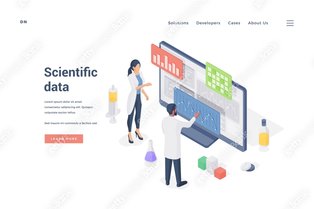 Researches analyzing scientific data on computer. Isometric vector ...