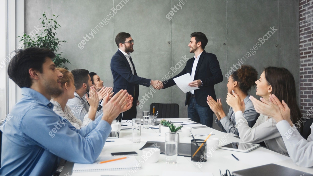 Congratulating Striking grand deal. Business people congratulating their colleagues ...