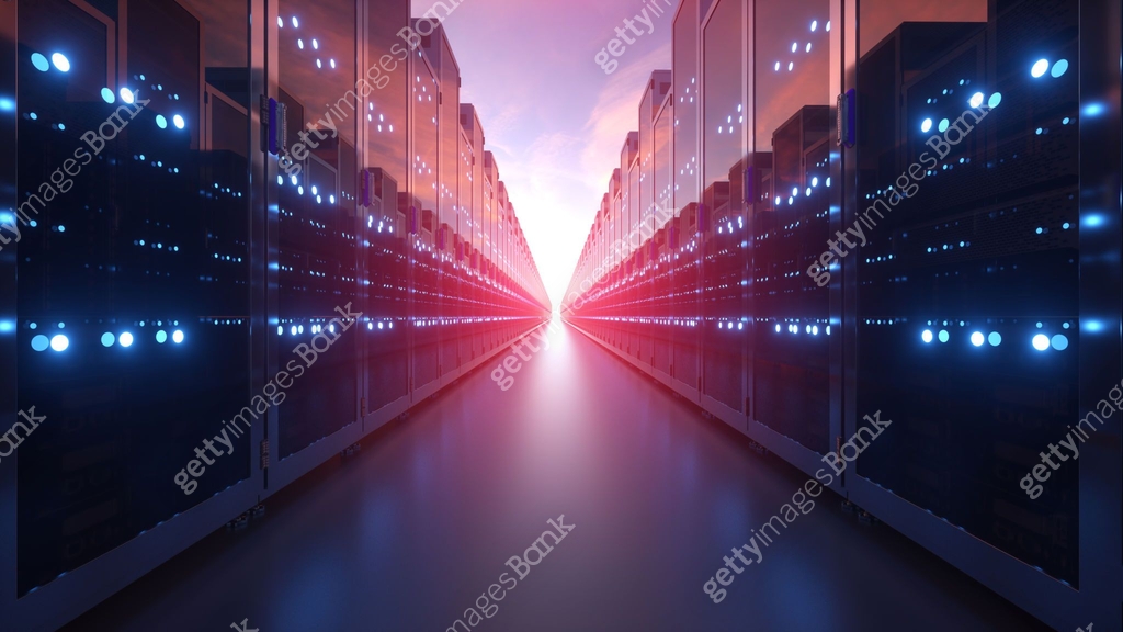 3d rendering of rows of network servers machine farm cloud computing ...