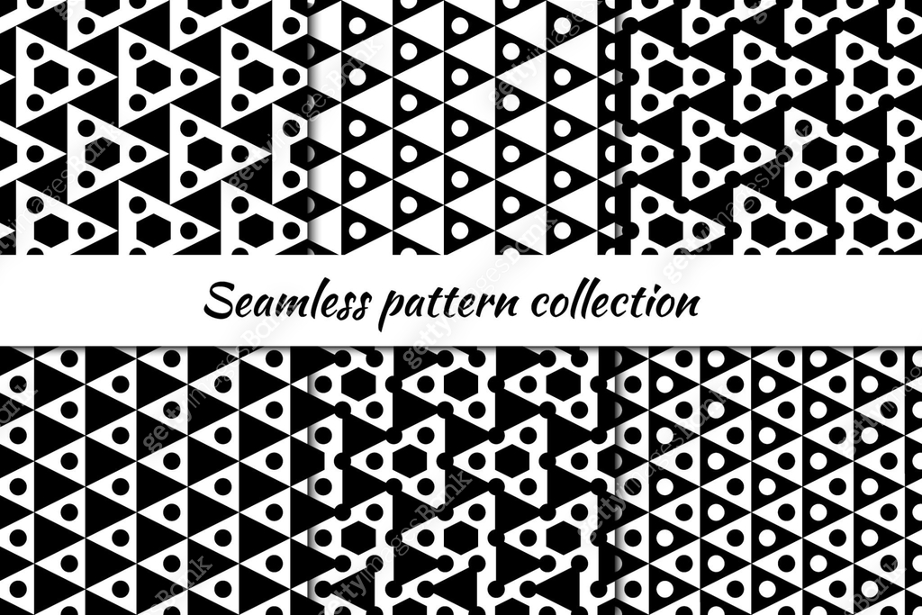 Circles, triangles, hexagons seamless patterns collection. Folk prints ...