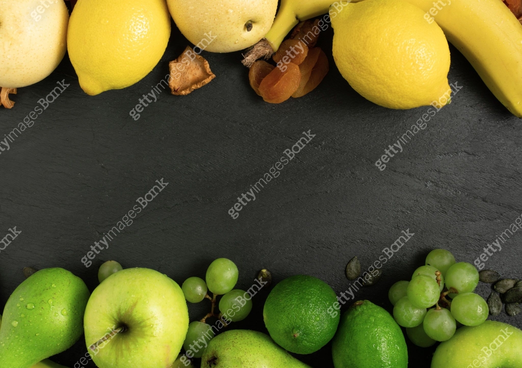 fruits background green and yellow color set, dark stone slake plate ...
