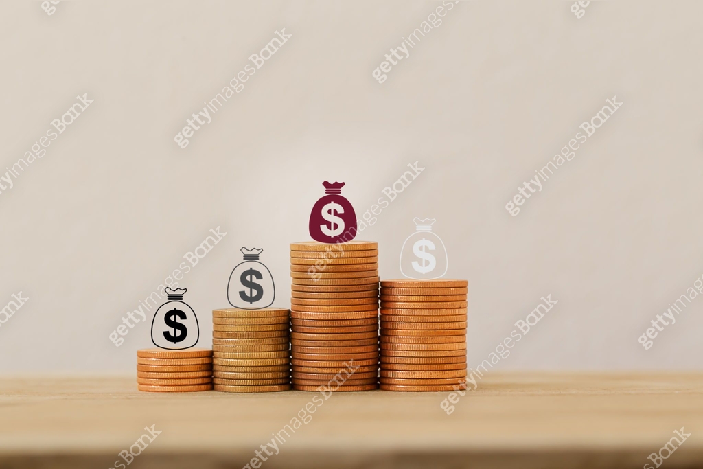 Sustainable fund concepts: Arrange icon US dollar bags on rising coins ...