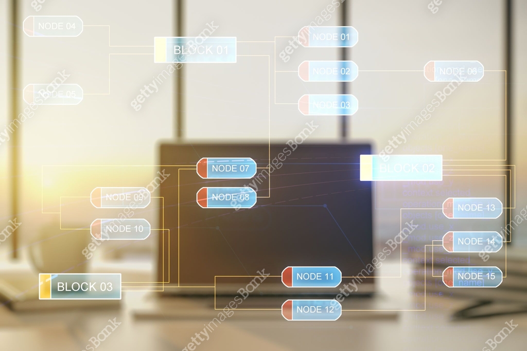Double exposure of abstract programming language on laptop background ...