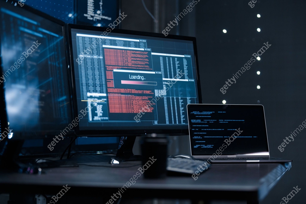Digital panels with many open windows with program codes and a windows ...
