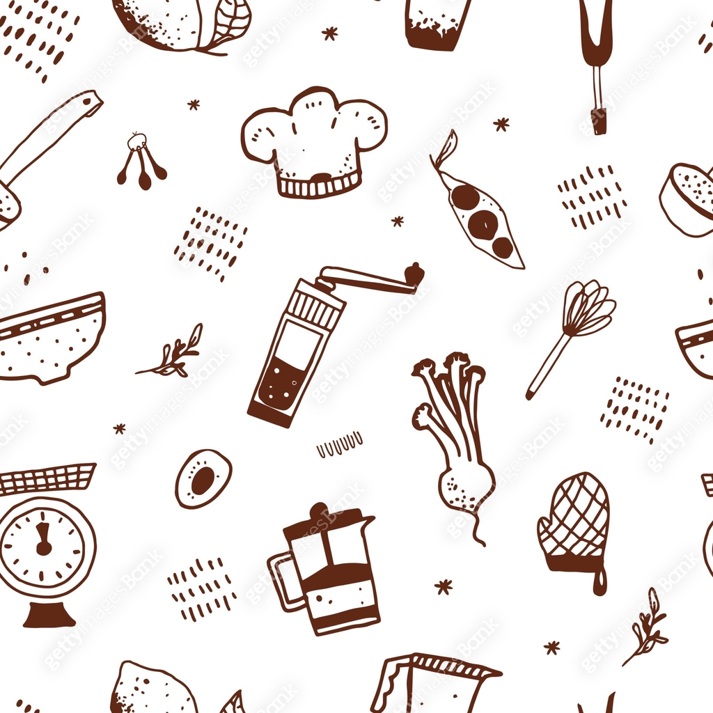 Kitchen seamless pattern, doodle style, restaurant cafe, chef, knife ...