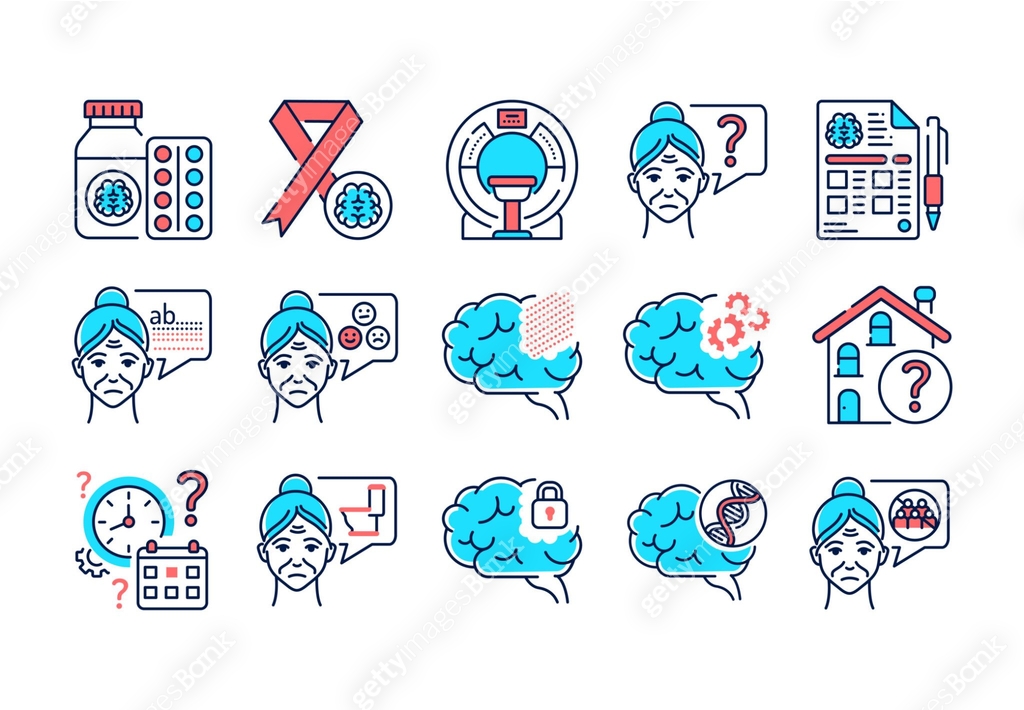 Brain disease dementia line color icons set. Decline in memory ...