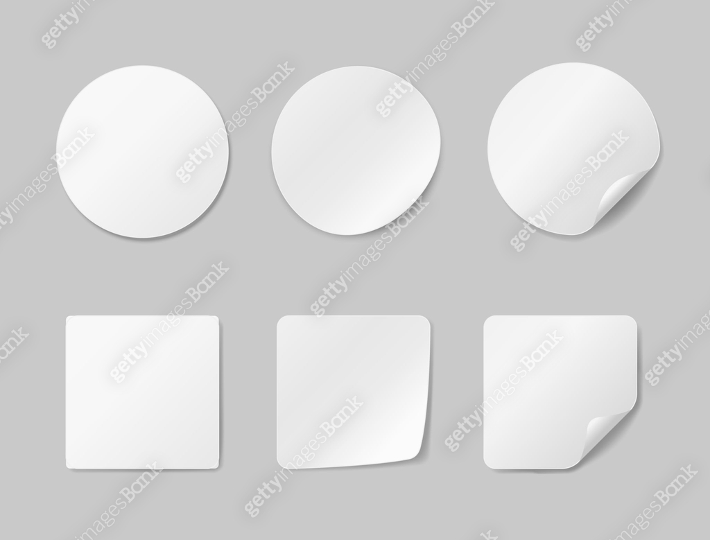 Circle adhesive symbols. White tags, paper round stickers with peeling ...