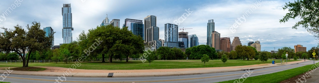 Panoramic View of Downtown Austin Skyline from Riverside Dr Street with ...