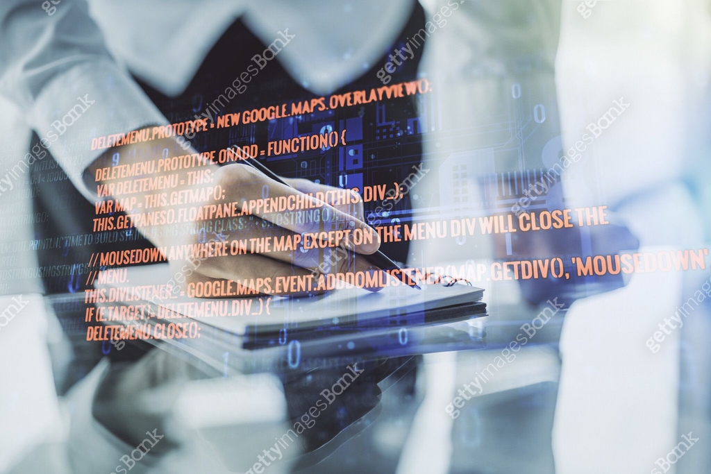 Double exposure of abstract programming language with man hand writing ...