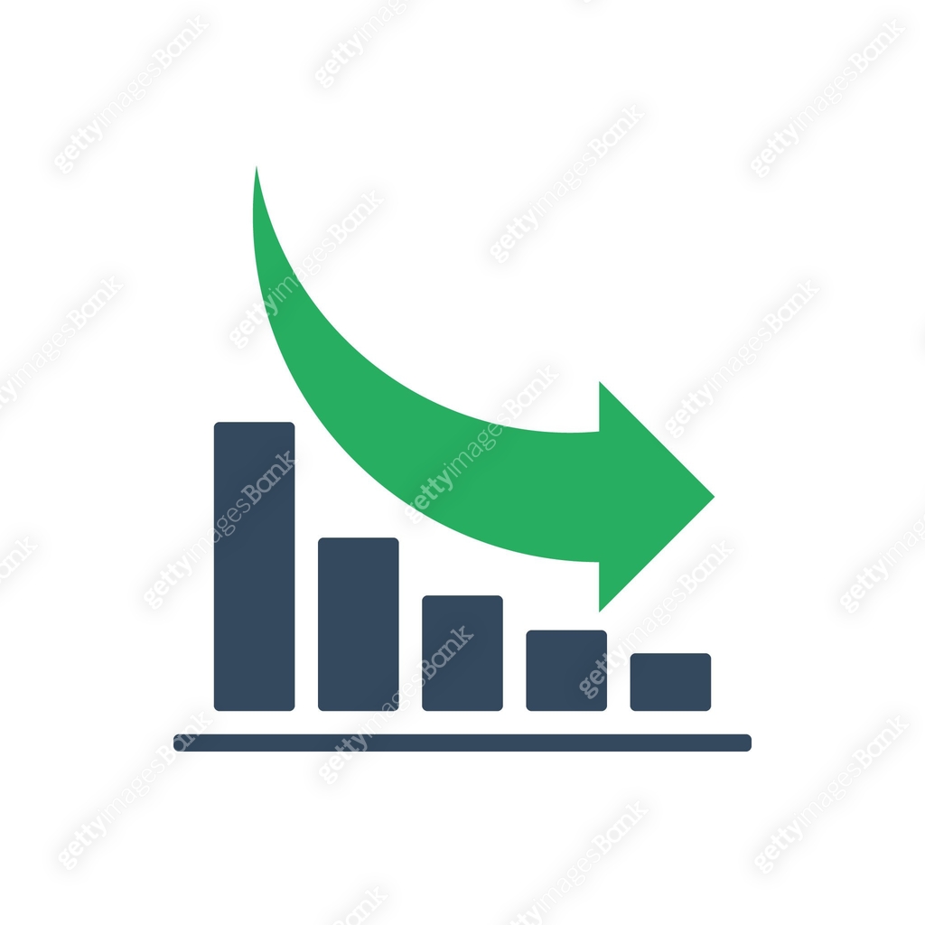 bar chart with falling exponential trend and green arrow, positive ...