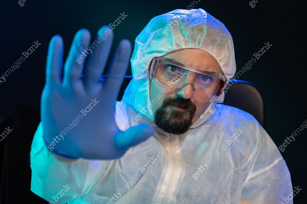 Stop Lab Sign Lab scientist showing stop sign in laboratory, stay at home 이미지 ...