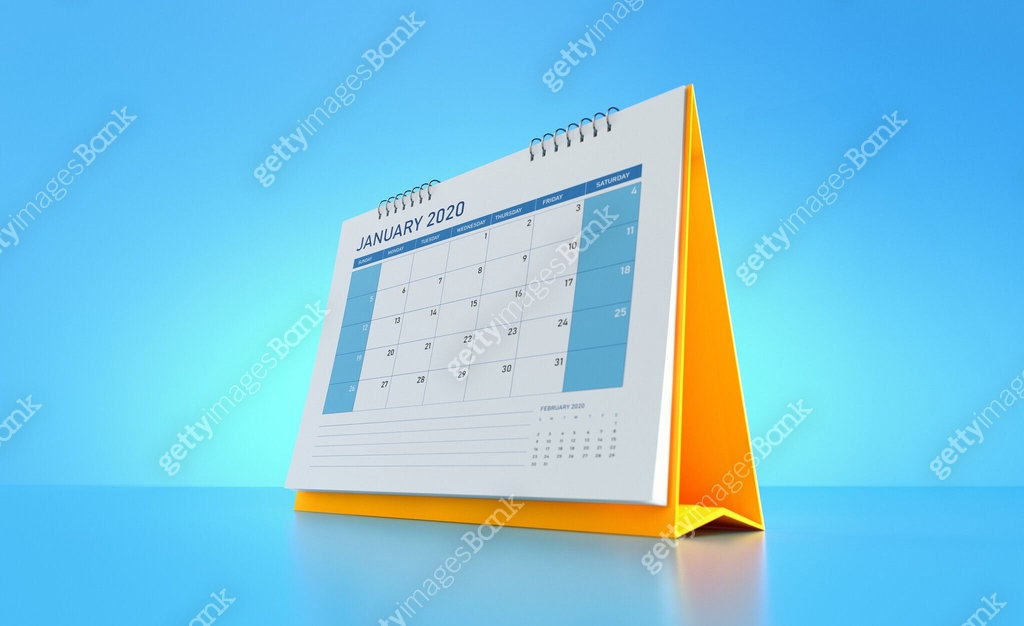 2020 Monthly Yellow Desk Calendar on Blue Background: January 이미지 ...