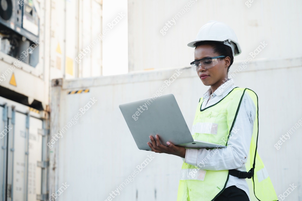 Black foreman woman worker working checking at Container cargo harbor ...