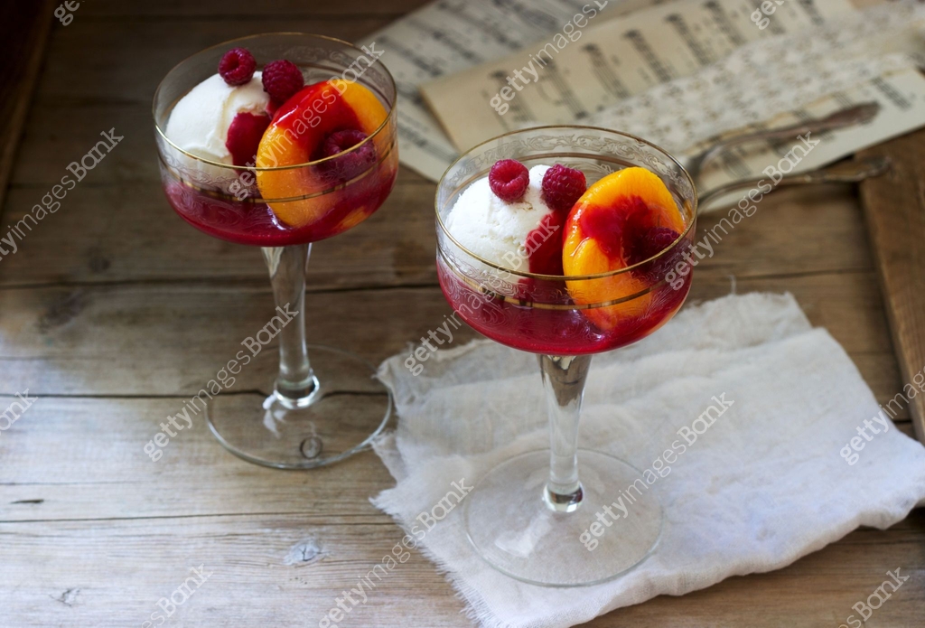 Ice cream, peach and raspberry sauce dessert dedicated to Australian ...