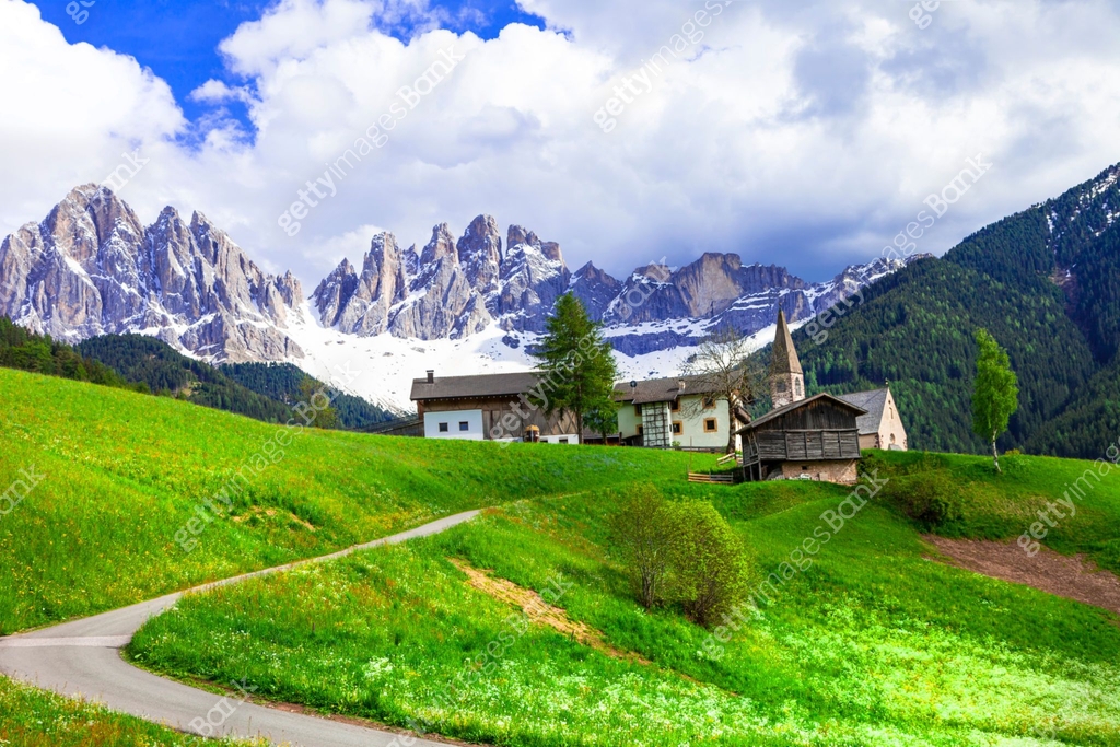 Idyllic nature scenery. Mountain village in beautiful Dolomites Alps ...