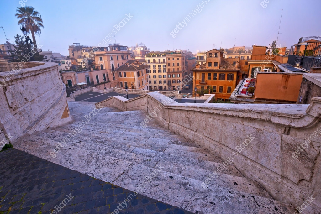 Empty Rome Empty streets of Rome. View from Spanish steps, famous landmark of Rome ...