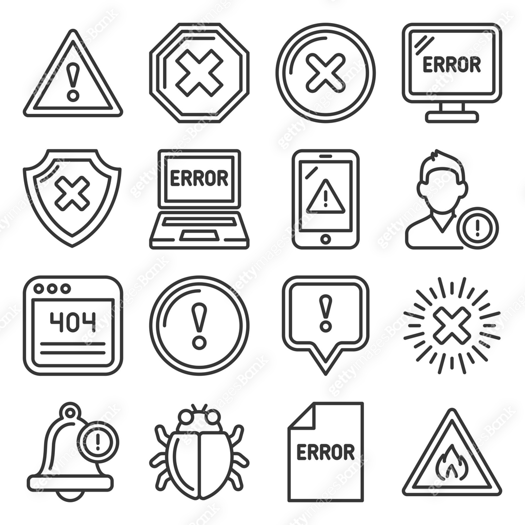 Error and Warning Icons Set on White Background. Line Style Vector 이미지 ...