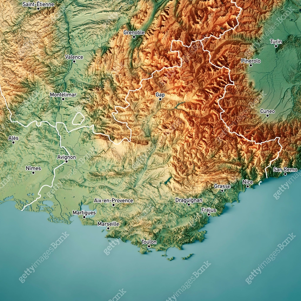 Provence Alps Cote d’Azur 3D Render Topographic Map Color Border Cities ...