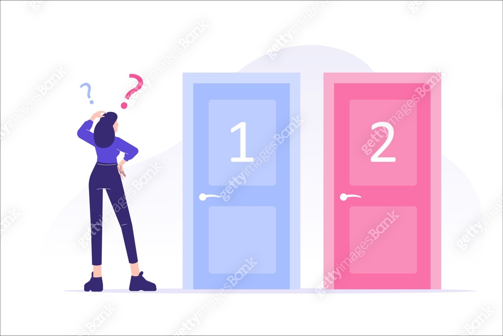 Confused woman standing near two doors. Difficult choice between two ...