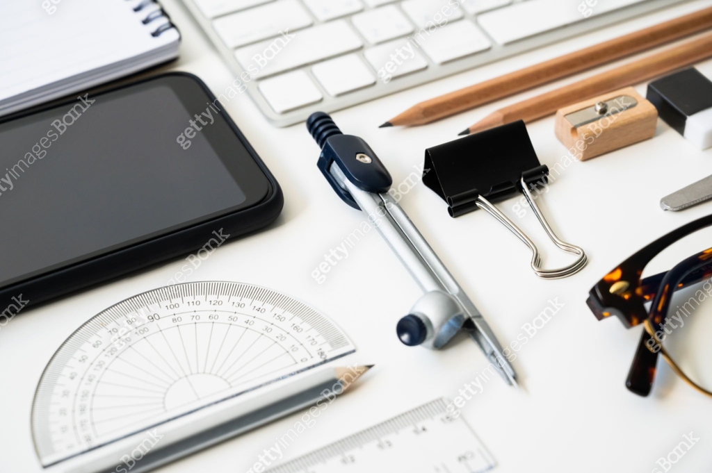 Top view table desk of office architect pencil, compasses tool, ruler ...