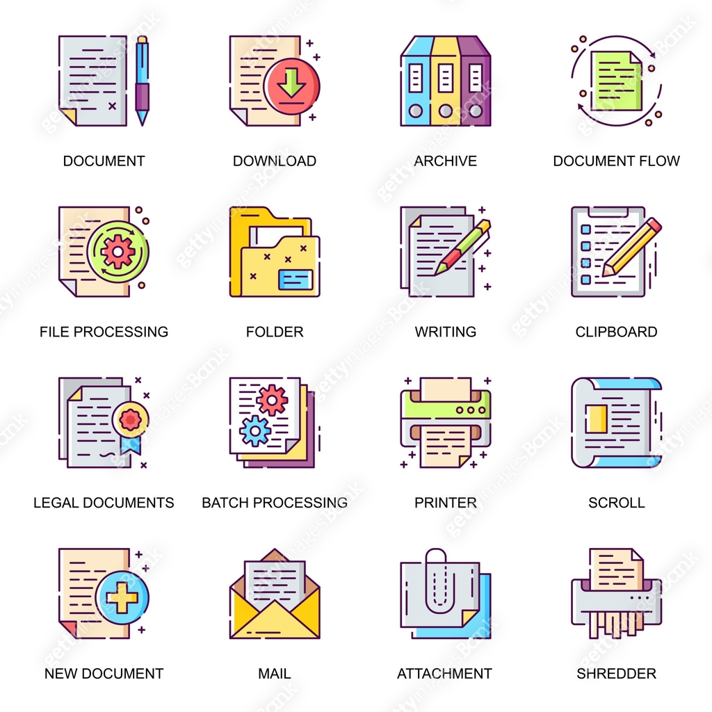 Document Rastering Icon Documents icons set in flat style. Batch processing, legal documents ...
