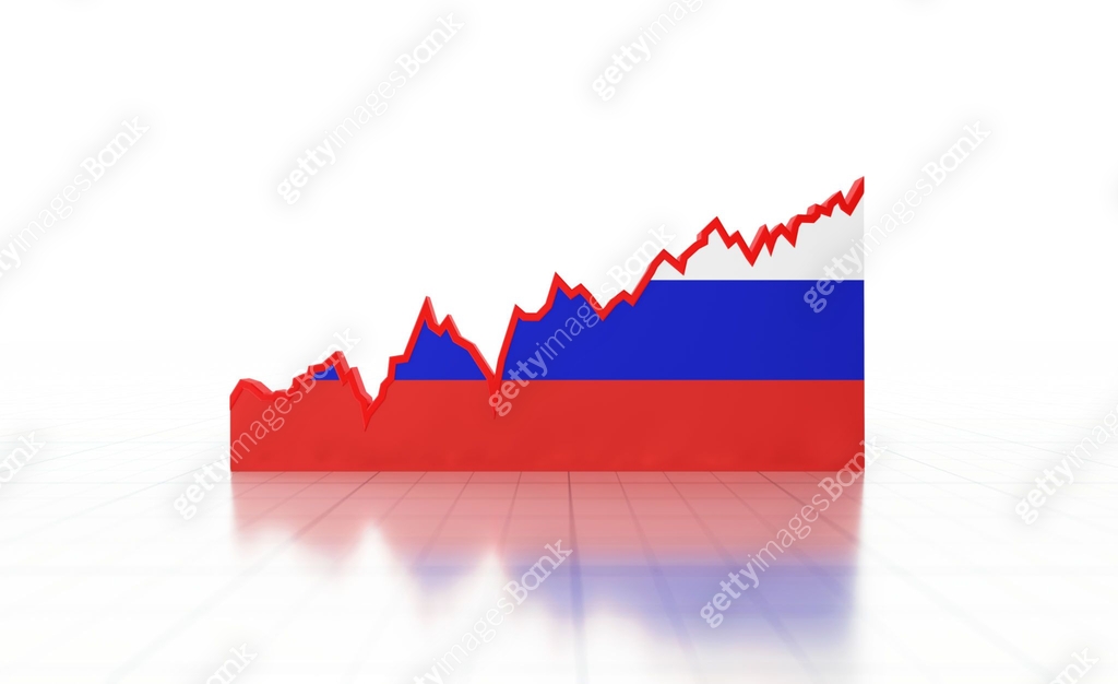 Volatile Line Graph Textured with Russian Flag Moving Up on White ...