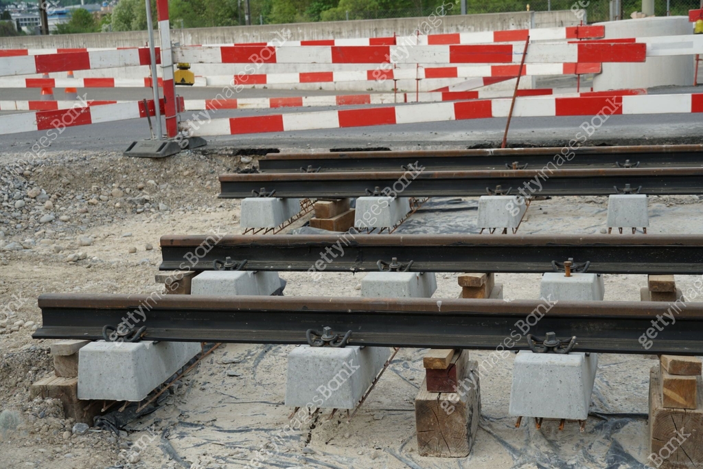 Threaded Tram Block Rails for tram ready to be installed on a civil engineering ...