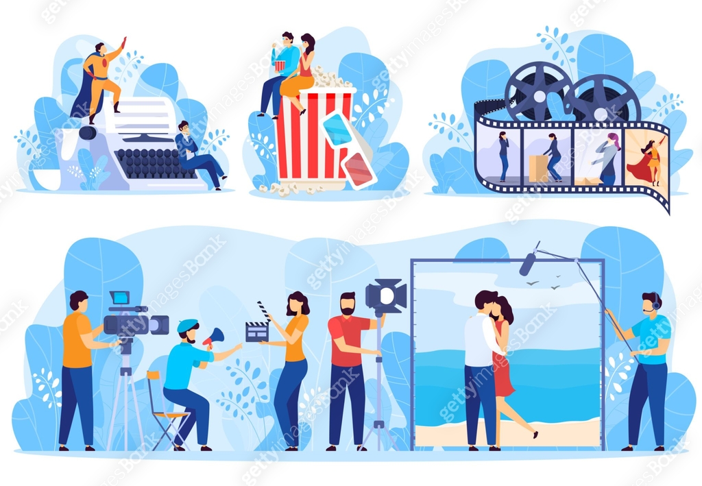 Movie production process from screenplay to cinema, vector illustration ...