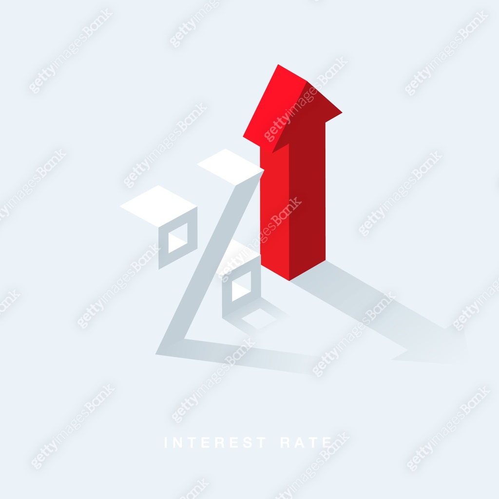 Percentage sign and red arrow symbol isometric. Interest rate financial ...