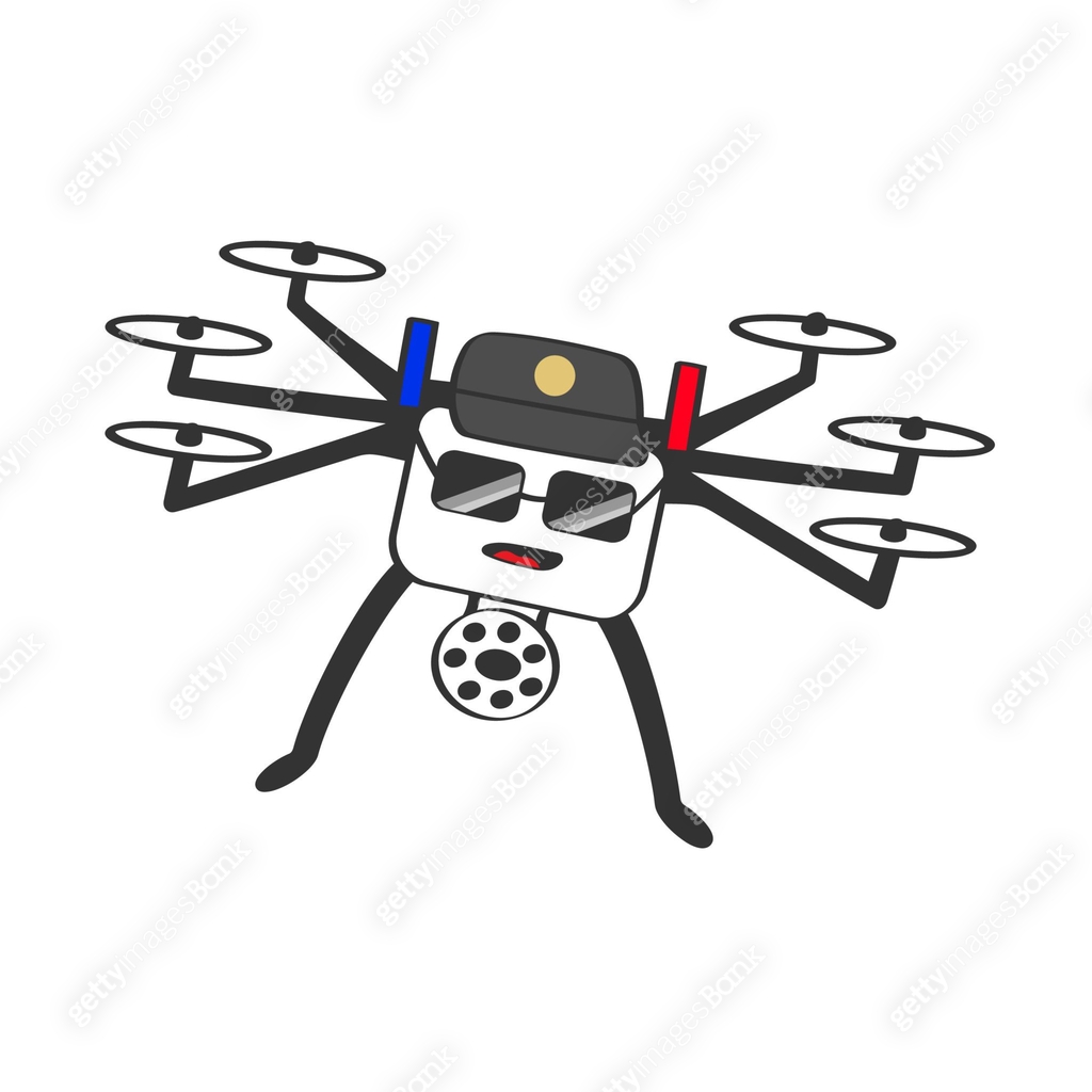 Cartoon drone policeman.Wireless device with propellers, Copter with ...