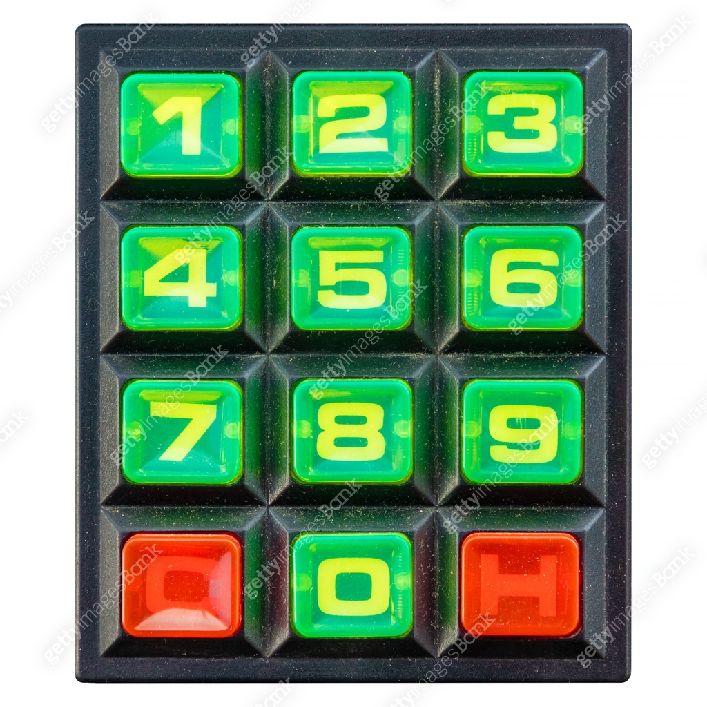 Vintage colorful keypad with green number buttons isolated on white 이미지 ...