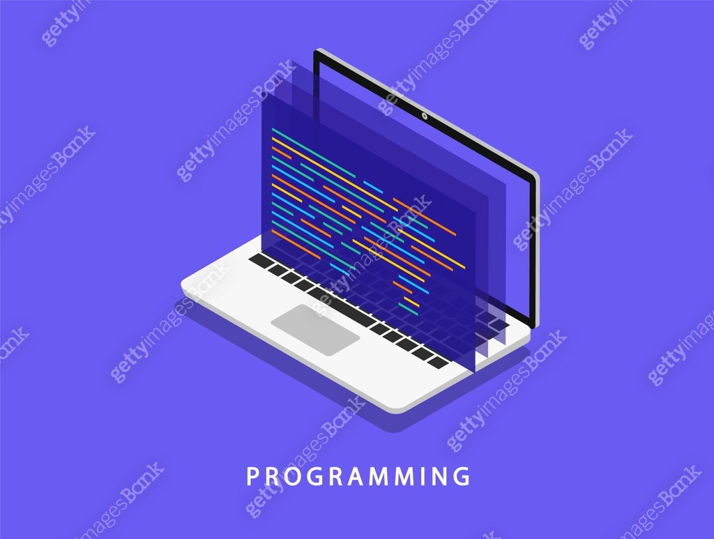 Programming on a laptop in isometry. Software development. Coding ...