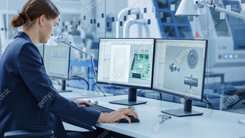 Female Engineer Working on a Personal Computer, Two Monitor Screens ...