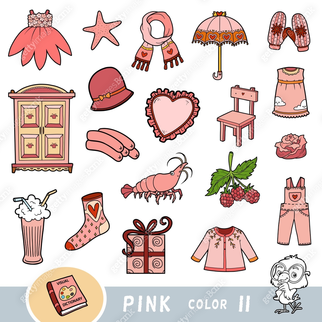 Colorful set of pink color objects. Visual dictionary for children ...