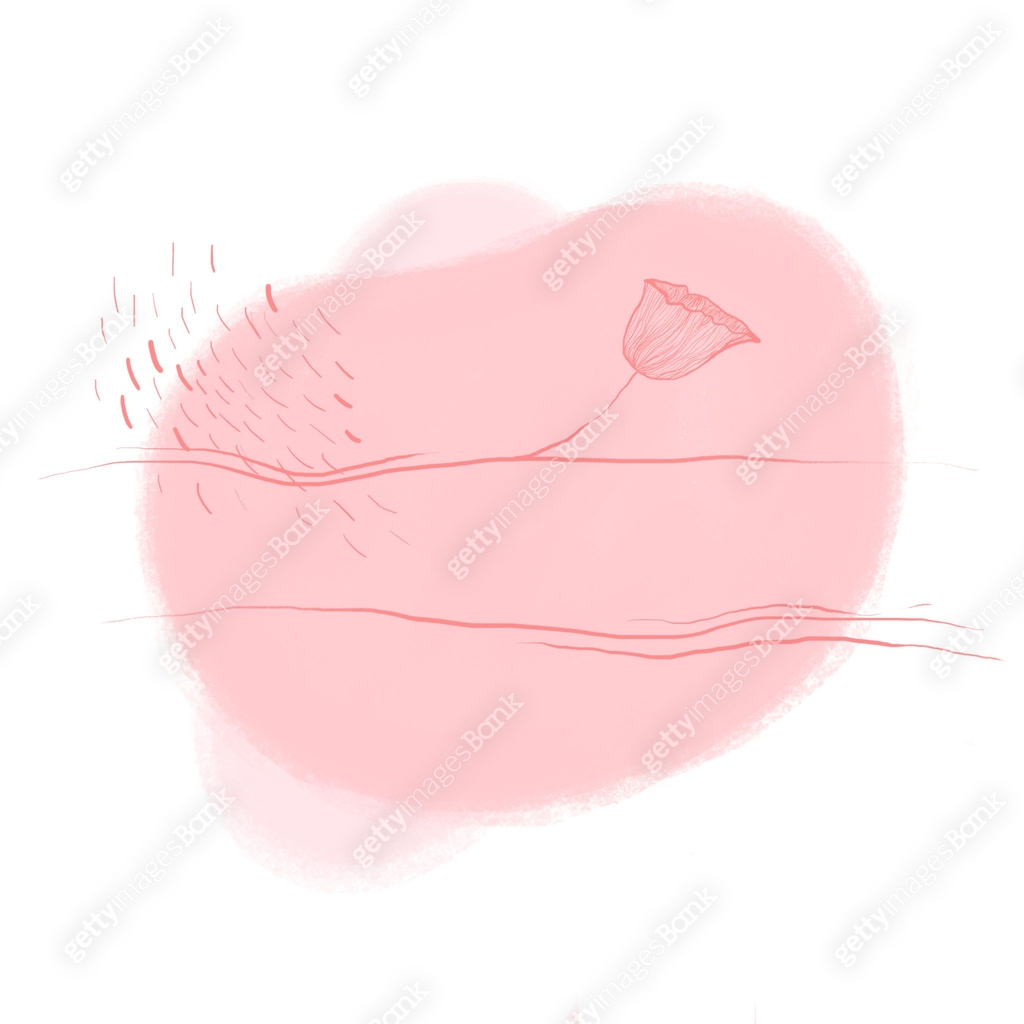 Colorful spring, summer digital illustration with pink flower, liquid ...