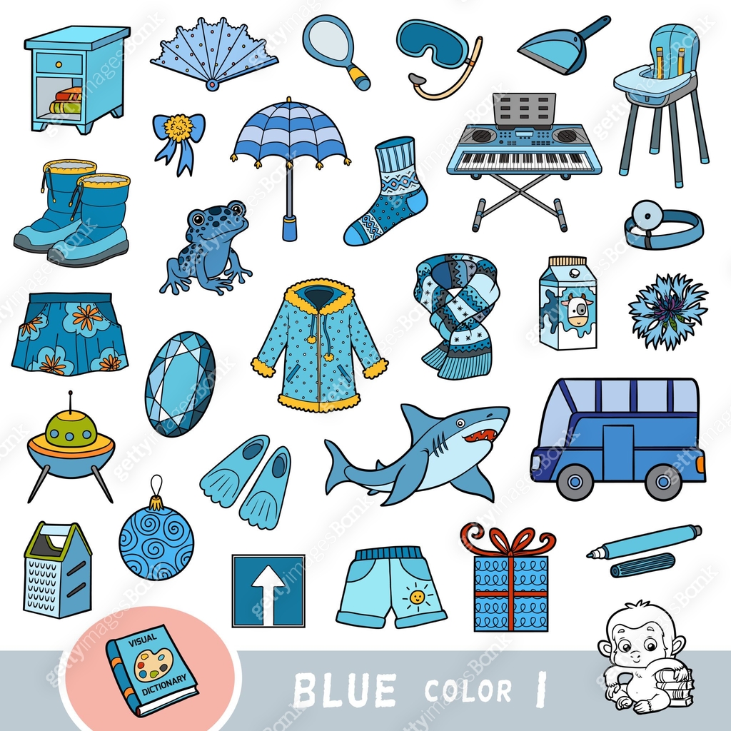 Objects Color Reference Image Colorful set of blue color objects. Visual dictionary for children ...