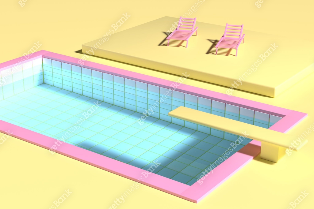 3D render. Sunbeds near the pool with springboard in pink and yellow ...