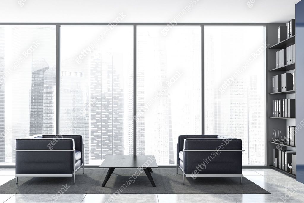 Panoramic office library with black armchairs μ΄λ―Έμ§ (1259899286) μΌλ¬μ€νΈ, λ¬΄λ£ ...