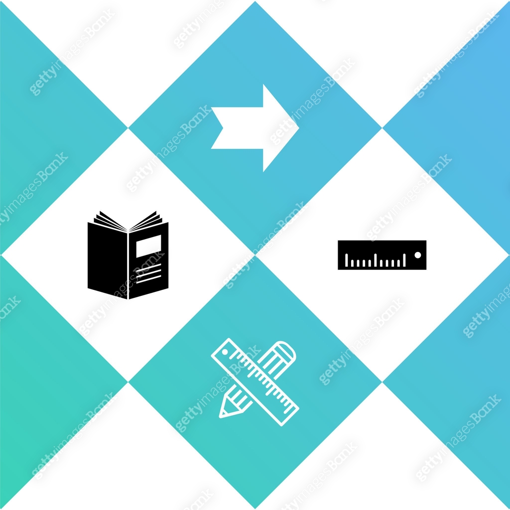 Set Open book, Crossed ruler and pencil, Arrow and Ruler icon. Vector ...