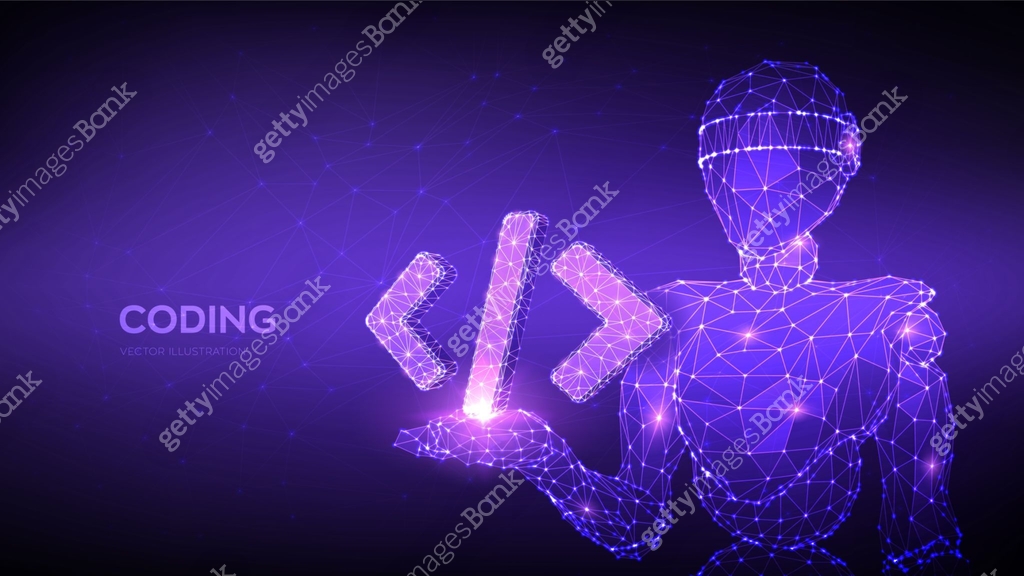 Programming code icon. Abstract 3d robot holding programming code ...
