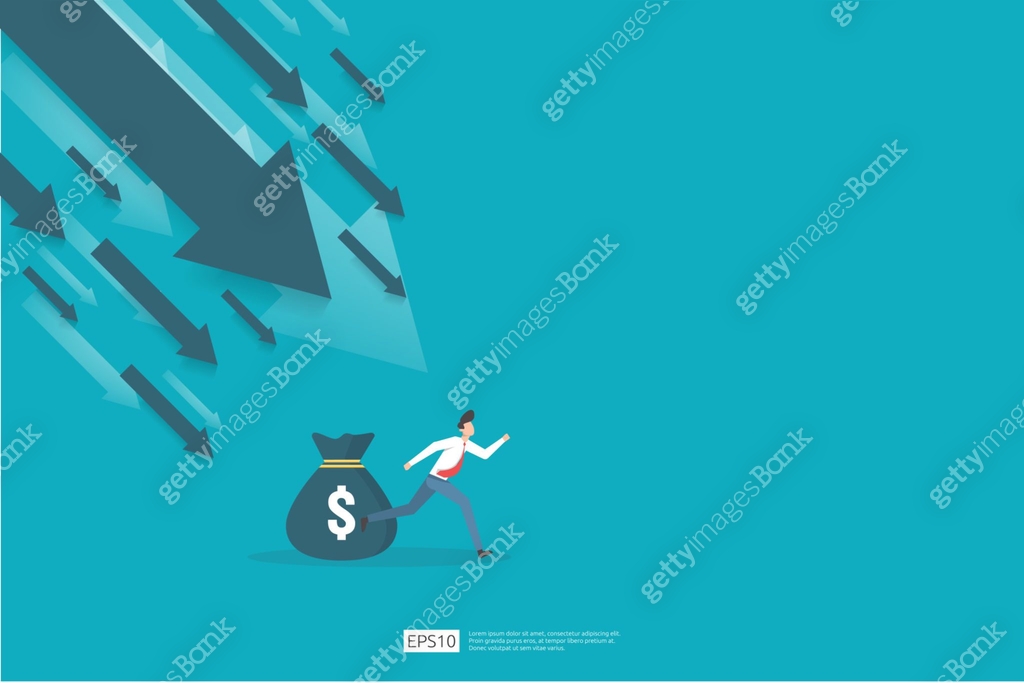 Money Decrrease finance crisis concept with business man character. money fall down ...