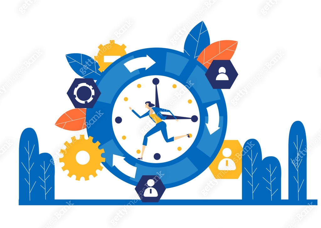 Successful business woman running inside clock. Time is money. Business ...