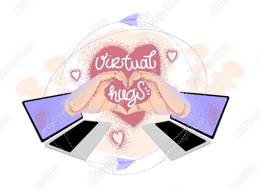 Virtual hugs, vector modern calligraphy with laptops, hands and heart ...