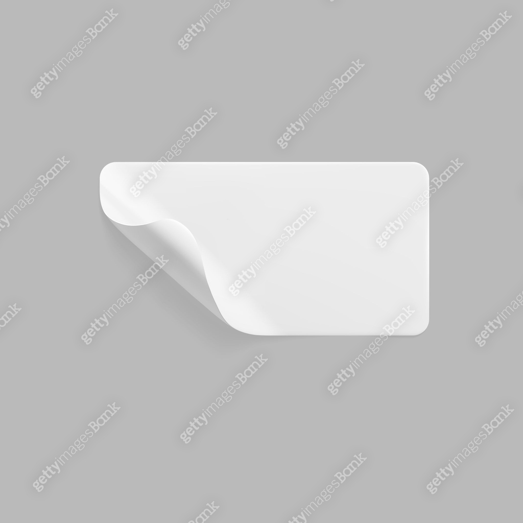 White glued rectangle sticker with curled corners mock up. Blank white ...