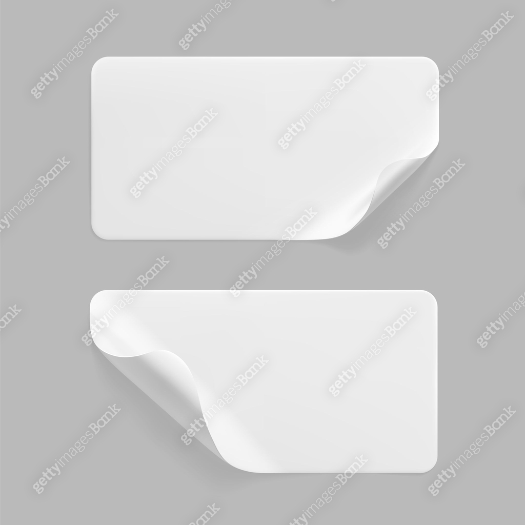 White glued rectangle stickers with curled corners mock up set. Blank ...