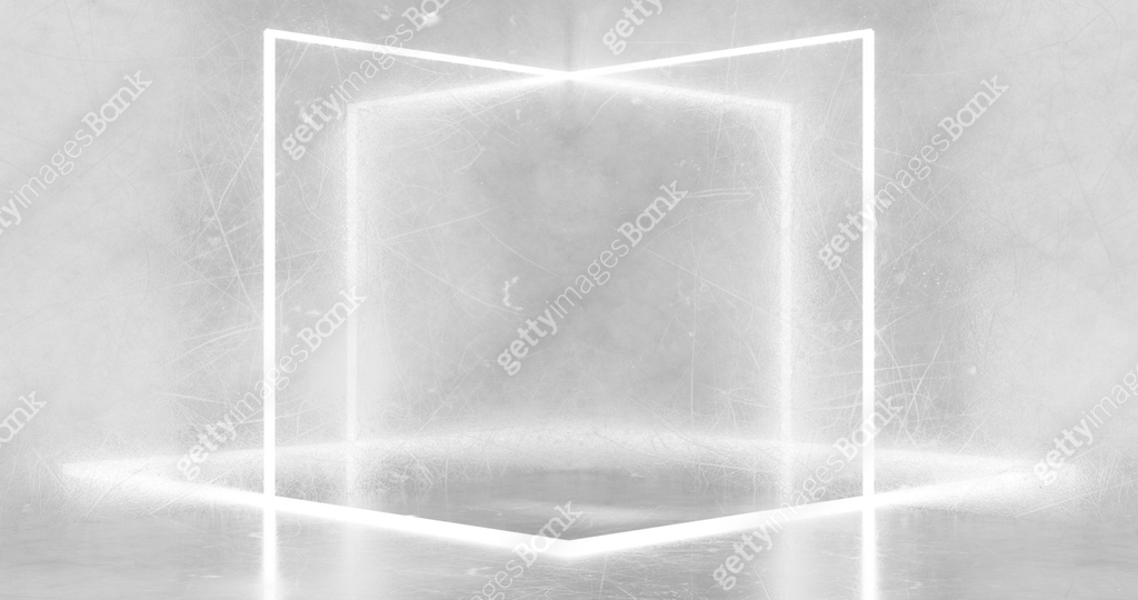 3d rendering. Neon rectangle or square, white in a bright room from ...