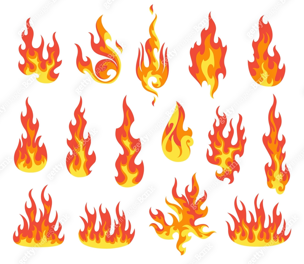 Set of red and orange fire flame. Flames of different shapes. Fireball ...